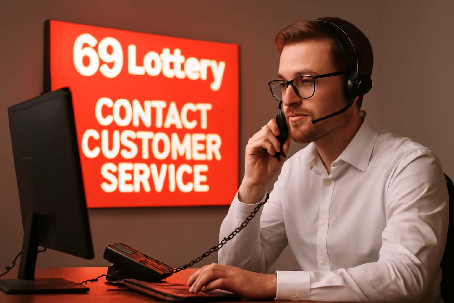Informative scene depicting 69 Lottery Customer Service support channels.